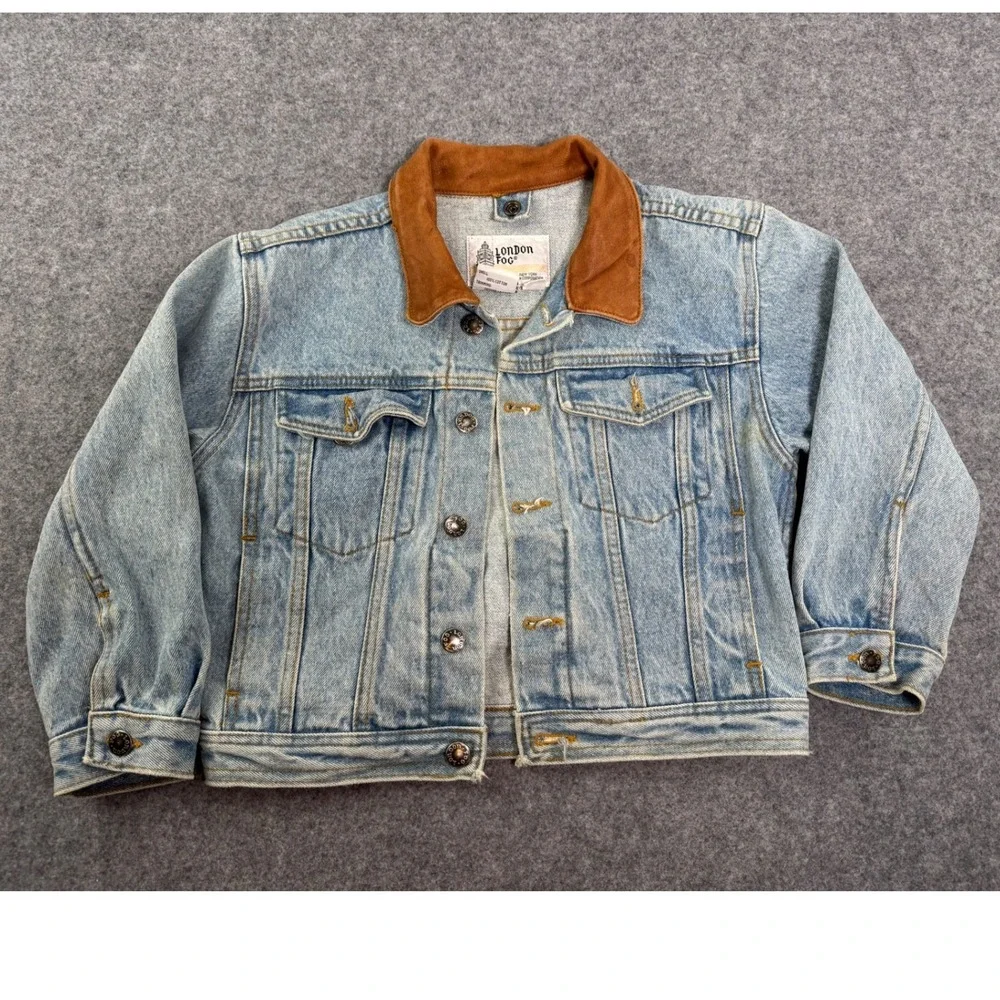 Vintage London Fog Kids Denim Jacket Tan Suede Collar Light Wash Trucker Style